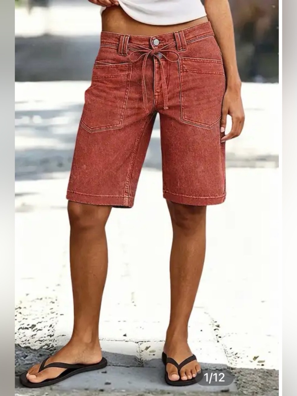Flamingals Patch Pocket Drawstring Mid Rise Bermuda Shorts in Caramel